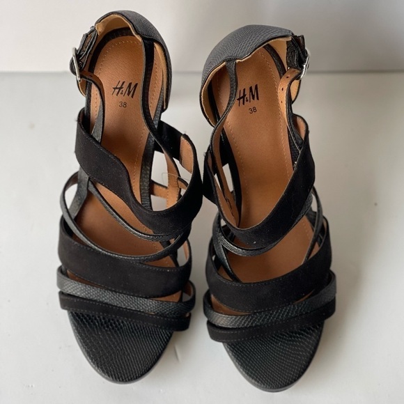 H&M Strappy Black Leather Sandals Stiletto Platform Heels, Sz 7 - Picture 12 of 13